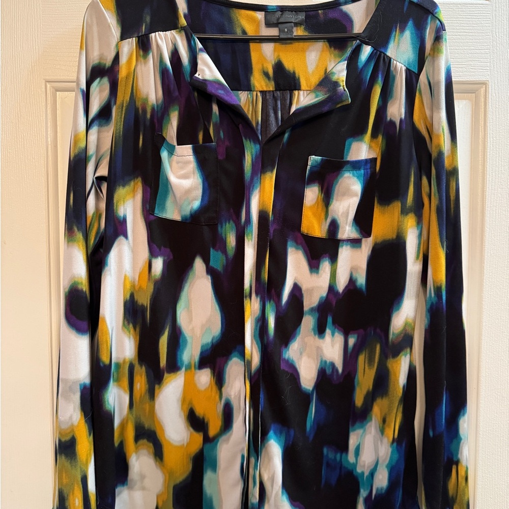Worthington Abstract Print Blouse - Black, Blue, Yellow, White